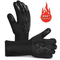 BBQ Gloves Extreme Heat Resistant Protective Cooking Gloves Food Grade Kitchen Oven Mitts Silicone Non-Slip for BBQ Cooking Baking (Color: black A)