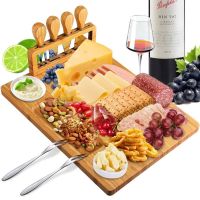 With Knives 7 Piece Bamboo Cheese Board Set  Natural Bamboo Cutting Board (Color: Natural)