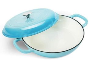 COOKWIN Cast Iron Casserole Braiser, 3.8 Quart,Heavy Duty Casserole Skillet with Lid and Dual Handles, Porcelain Enameled Surface Cookware Pot (Color: teal)
